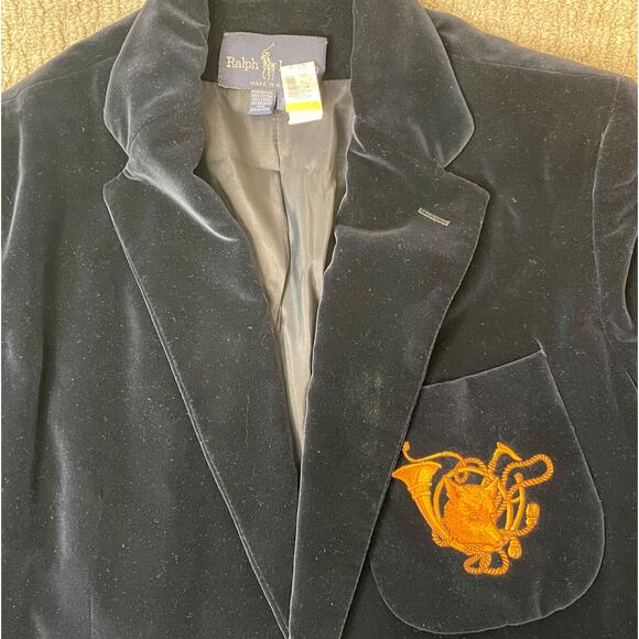 Ralph Lauren Navy Blue Velvet Fox Crest Blazer Jacket Womens 10 Embroidered Horn - Picture 9 of 10
